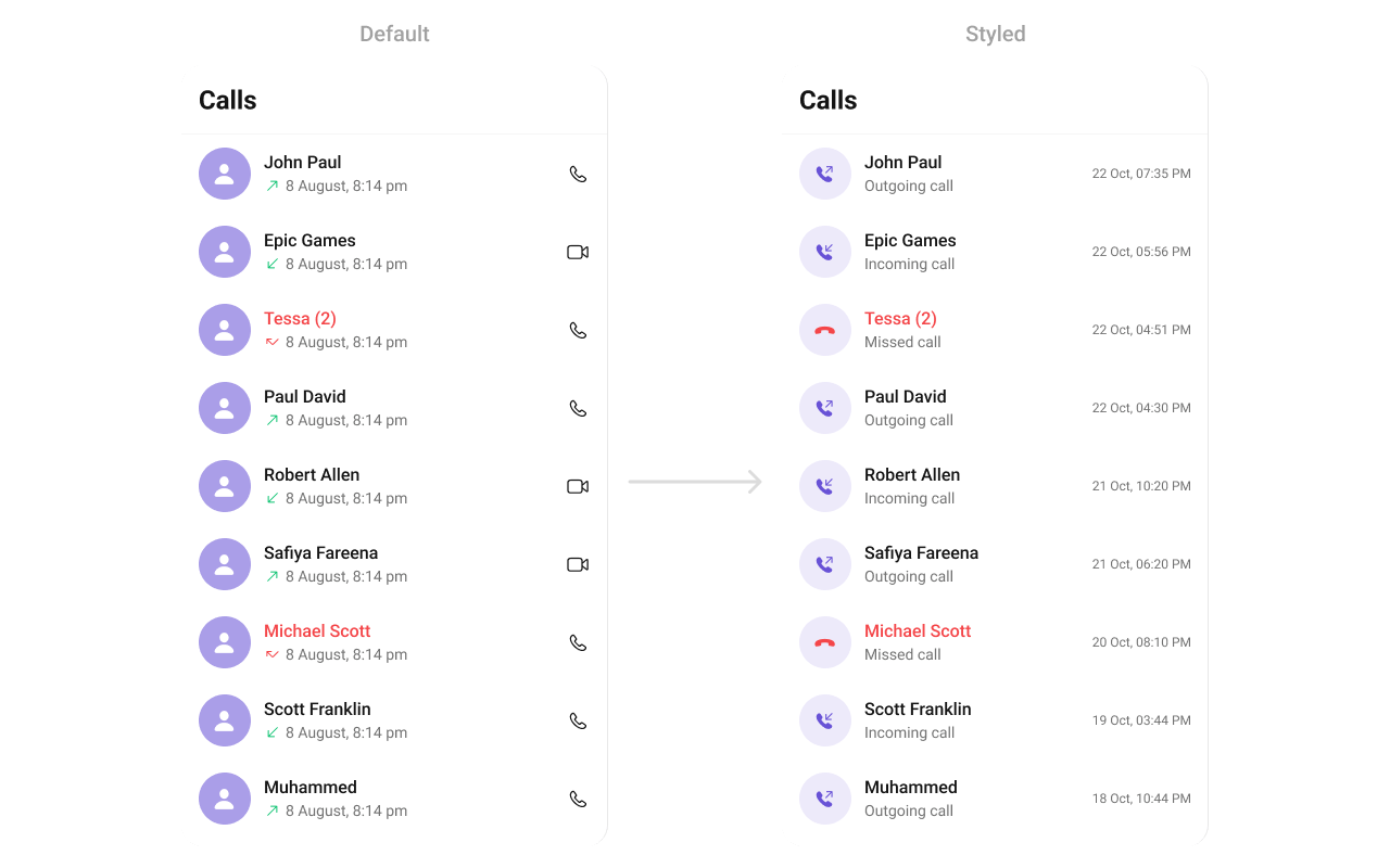 CometChatCallLogs with custom list item view showing call icon, caller name, subtitle, and date