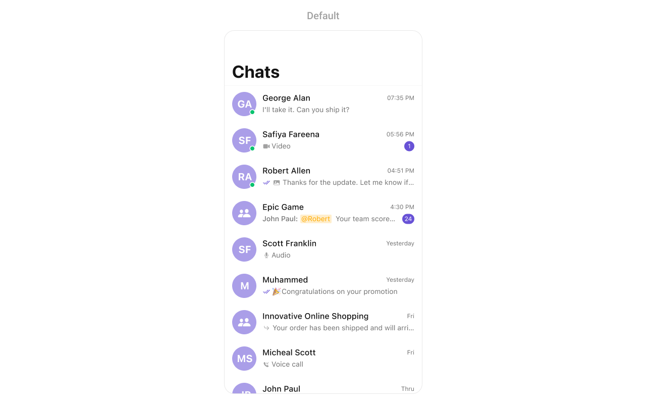 CometChatConversations showing a list of recent conversations with user avatars, last message previews, timestamps, and unread message badges