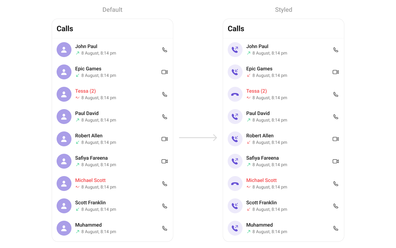 CometChatCallLogs with custom leading view showing purple circular call icon button