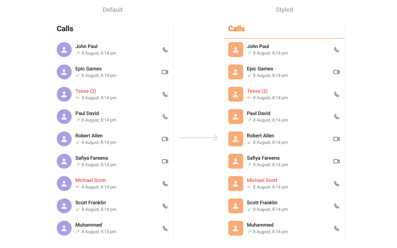 CometChatCallLogs with custom styling showing orange title text and rounded avatar with custom background color