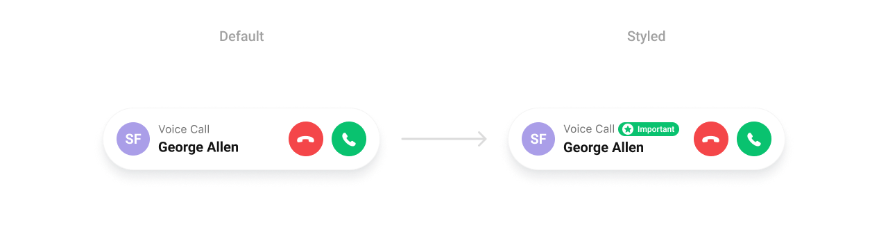 CometChatIncomingCall with custom title view showing Voice Call label with Important tag