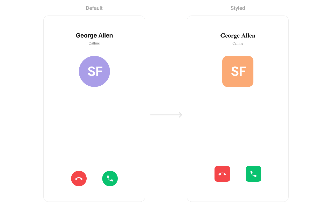 CometChatIncomingCall with custom styling showing custom fonts and rounded button corners