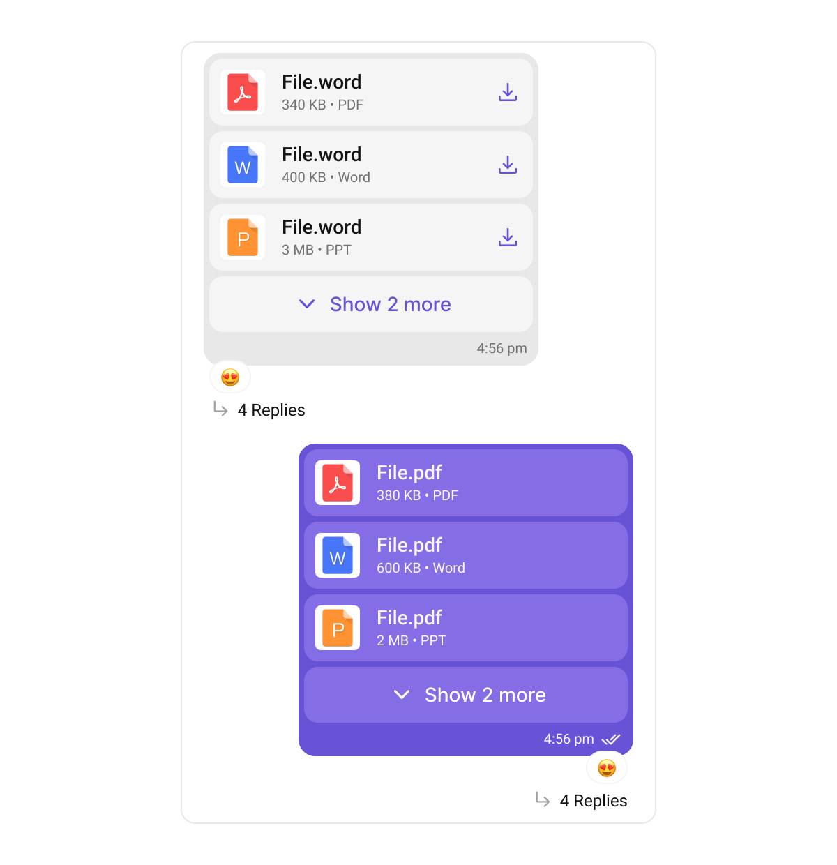 Files bubble showing a connected stack of document cards, each with a file-type icon, name, size and download control, plus a Show 2 more toggle, shown for both incoming and outgoing messages