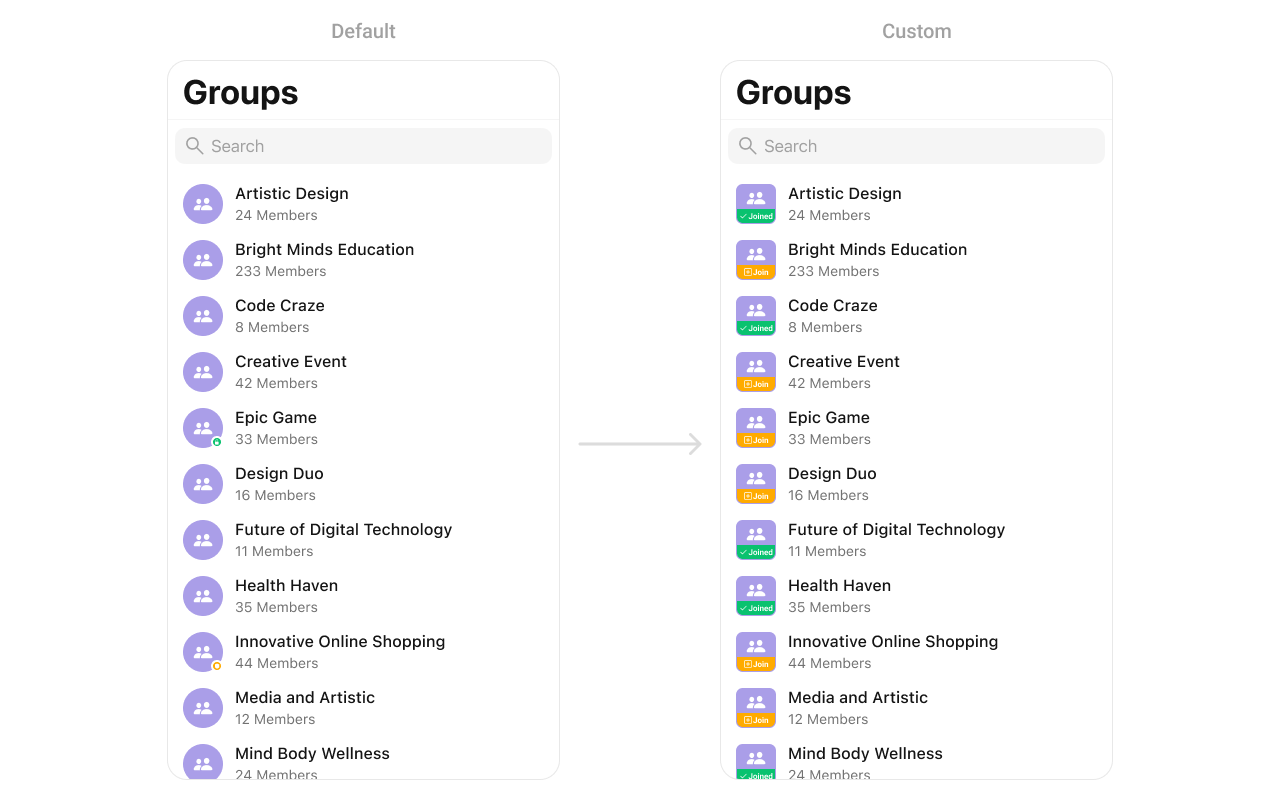 CometChatGroups with custom leadingView showing customized avatar area with icon and join button