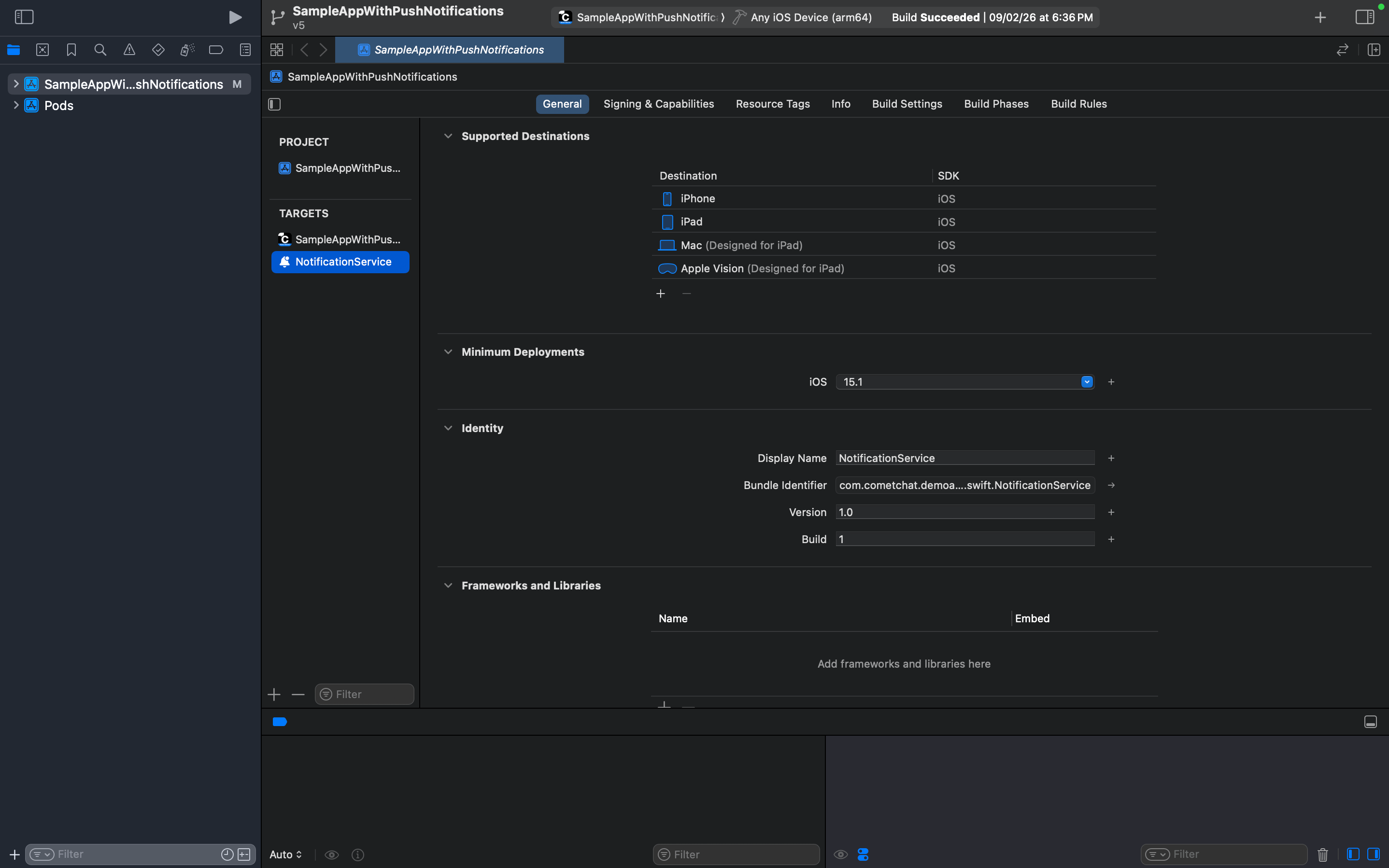 Xcode NotificationService target General tab showing bundle identifier