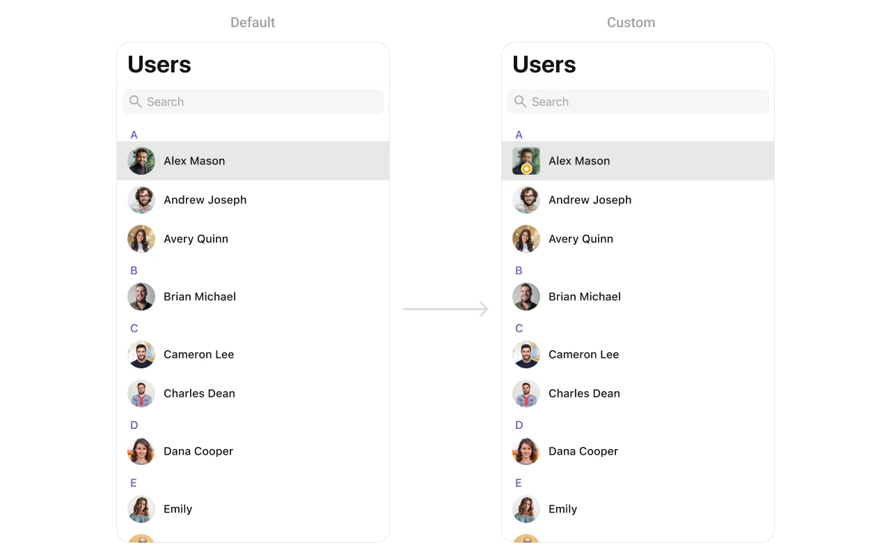 CometChatUsers with custom leadingView showing user avatars with a star badge overlay