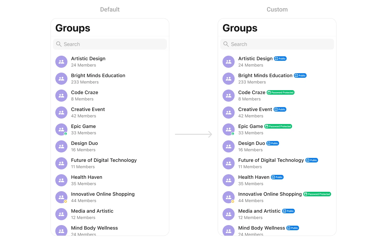 CometChatGroups with custom titleView showing group name with public badge indicator