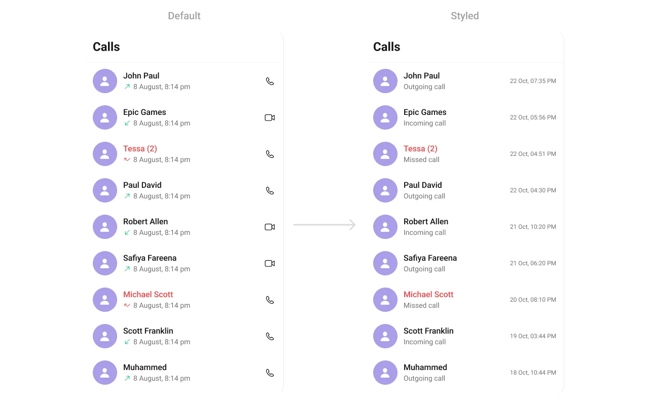 CometChatCallLogs with custom trail view showing call timestamp on the right side