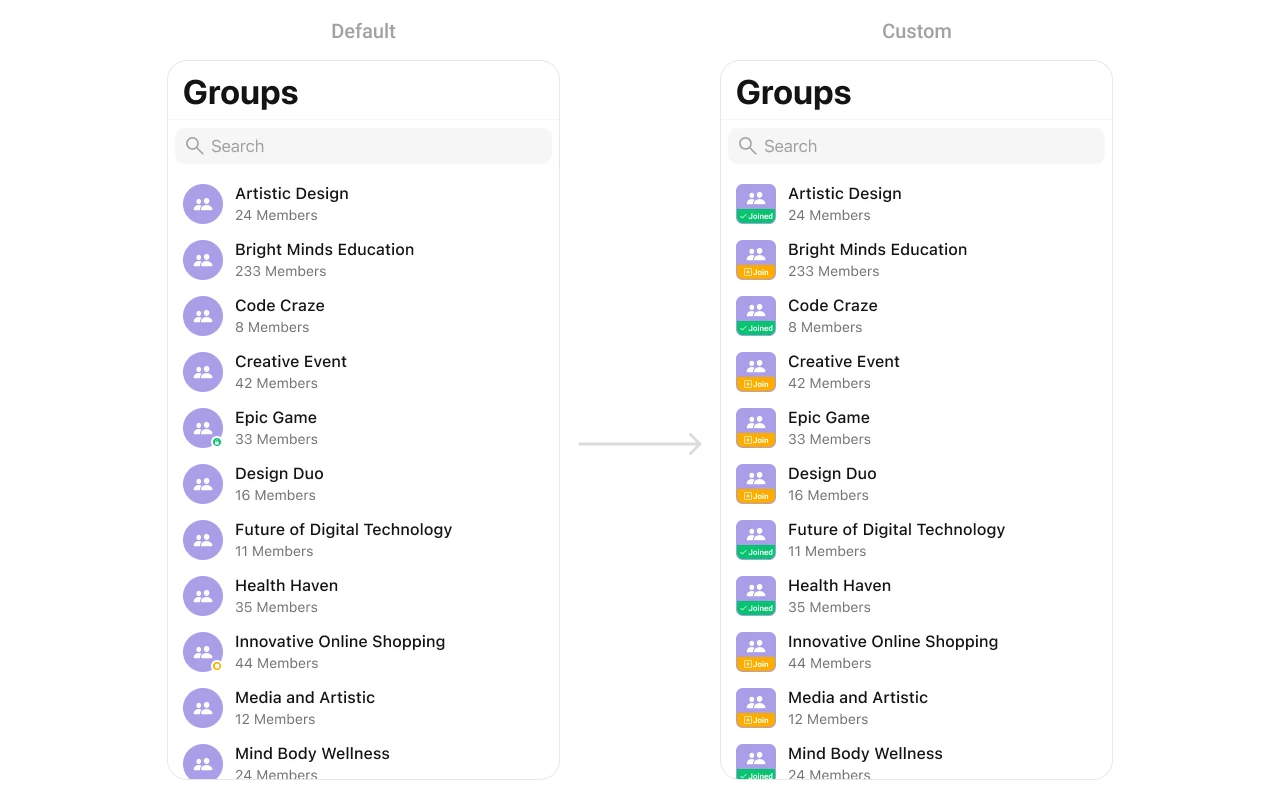 CometChatGroups with custom leadingView showing customized avatar area with icon and join button