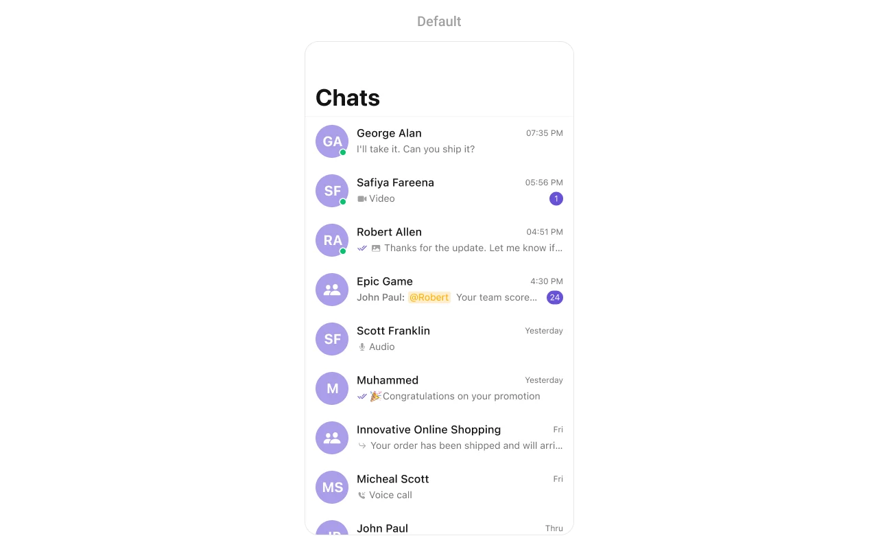CometChatConversations showing a list of recent conversations with user avatars, last message previews, timestamps, and unread message badges
