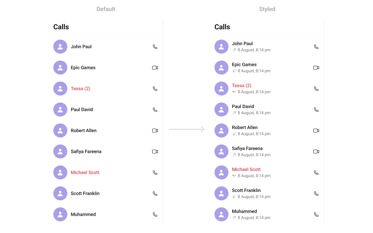CometChatCallLogs with custom subtitle view showing call initiation timestamp