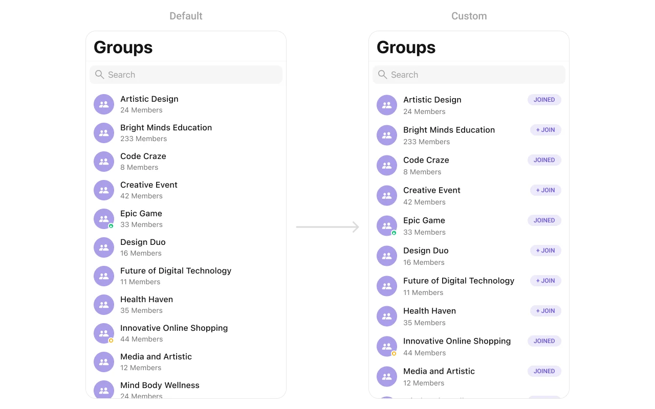 CometChatGroups with custom trailingView showing joined status badge on the right side