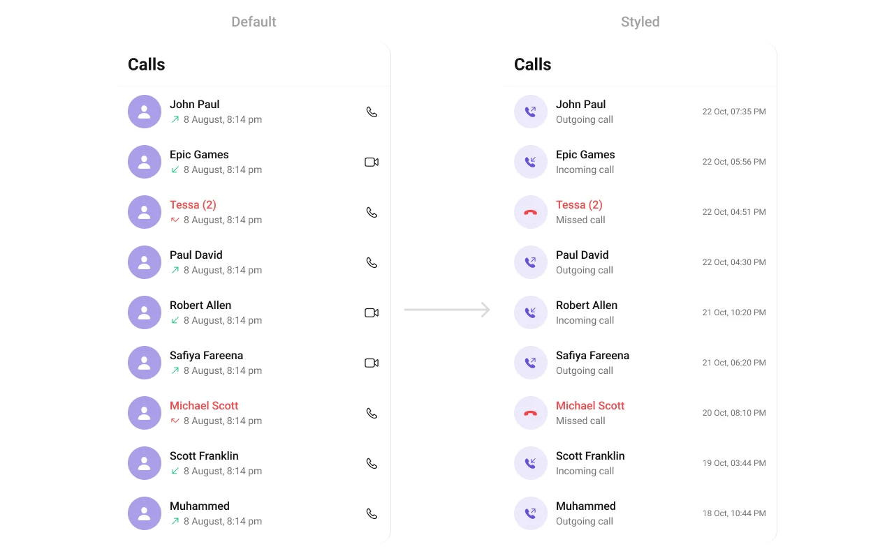 CometChatCallLogs with custom list item view showing call icon, caller name, subtitle, and date