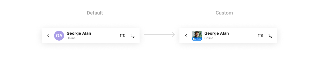 CometChatMessageHeader with custom leadingView showing avatar with Admin badge overlay