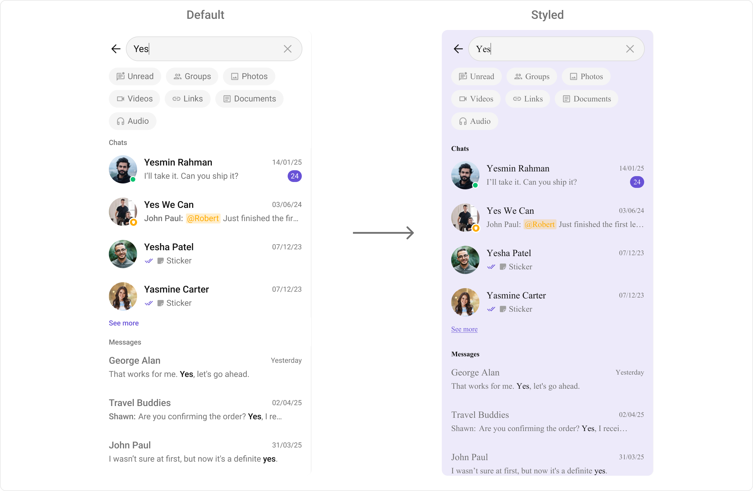 CometChatSearch with custom styling showing modified background color, list item styling, and custom fonts applied