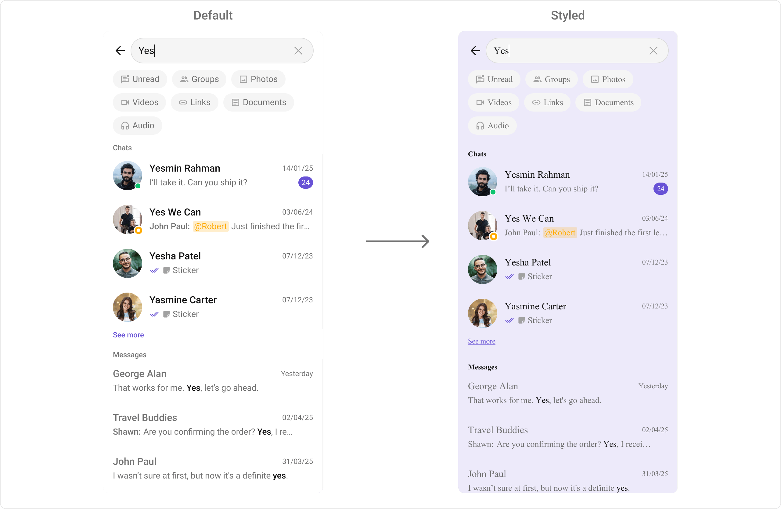 CometChatSearch with custom styling showing modified background color, list item styling, and custom fonts applied