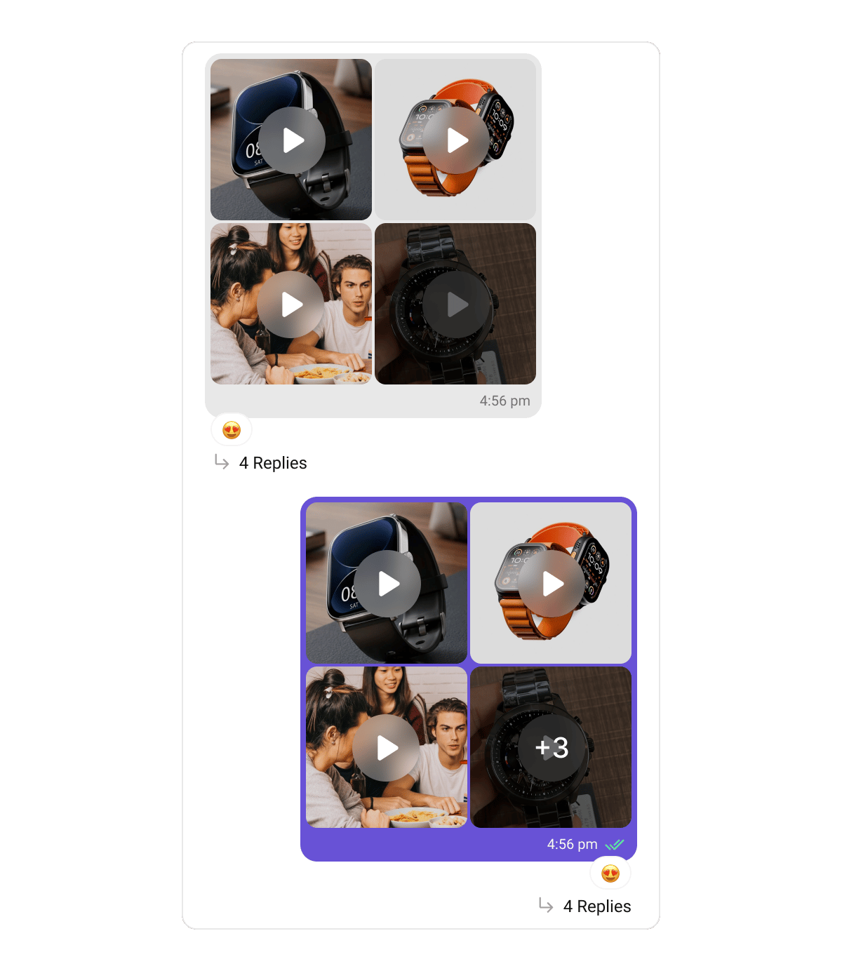 Media grid bubbles rendering multiple video attachments with play badges on each tile and a +3 overflow badge on the last tile, shown for both incoming and outgoing messages