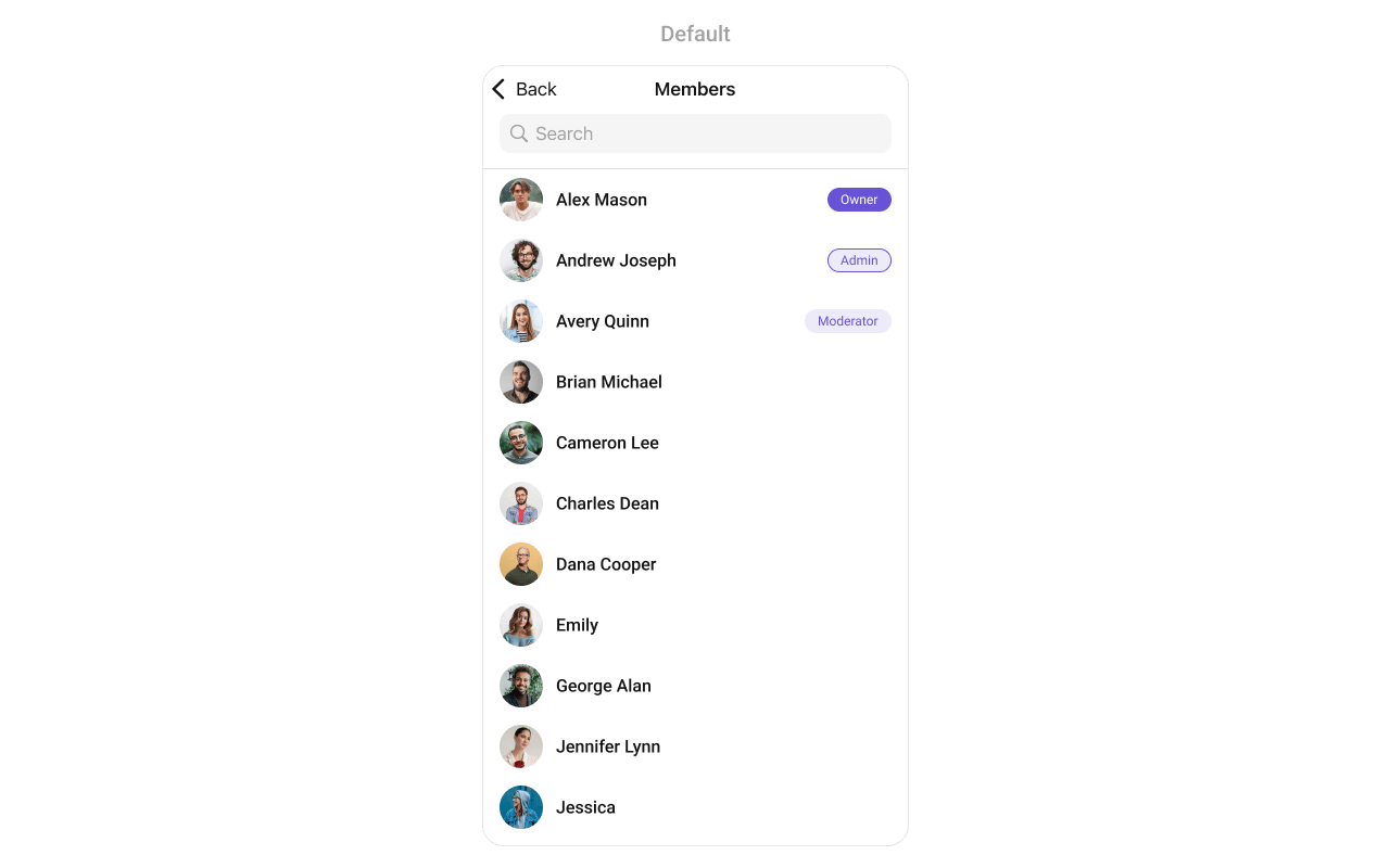 CometChatGroupMembers showing a list of group members with their avatars, names, and role badges indicating owner, admin, moderator, and participant status