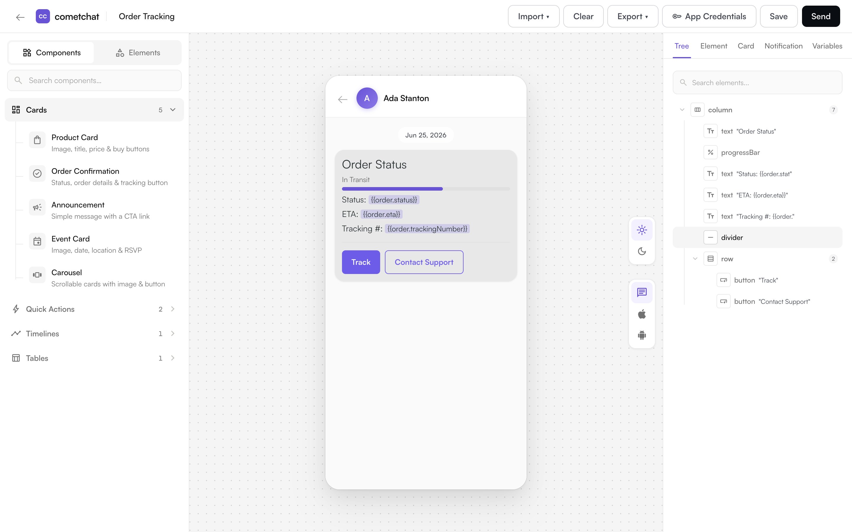 The CometChat Card Builder editor showing the element palette, the card canvas, and the properties panel