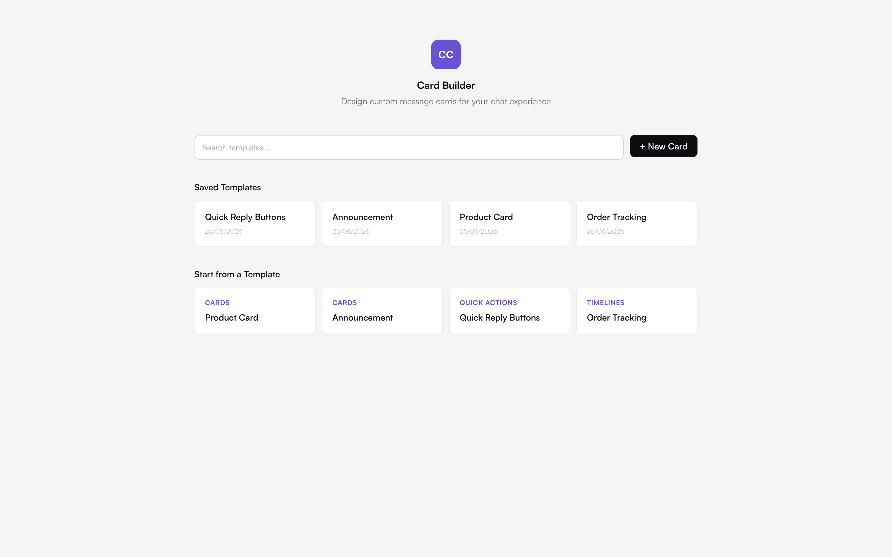 The Card Builder template library, showing saved templates and ready-made templates to start from