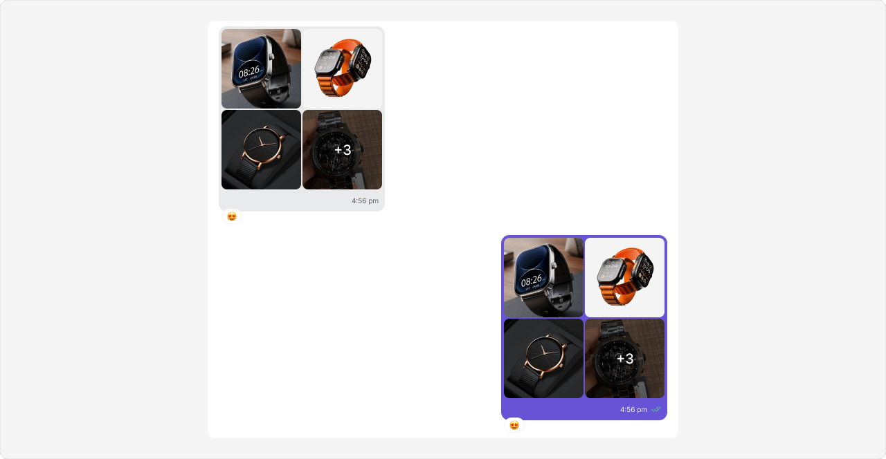 Incoming and outgoing image bubbles, each showing four image attachments in a 2×2 grid with a +3 overflow tile on the last image