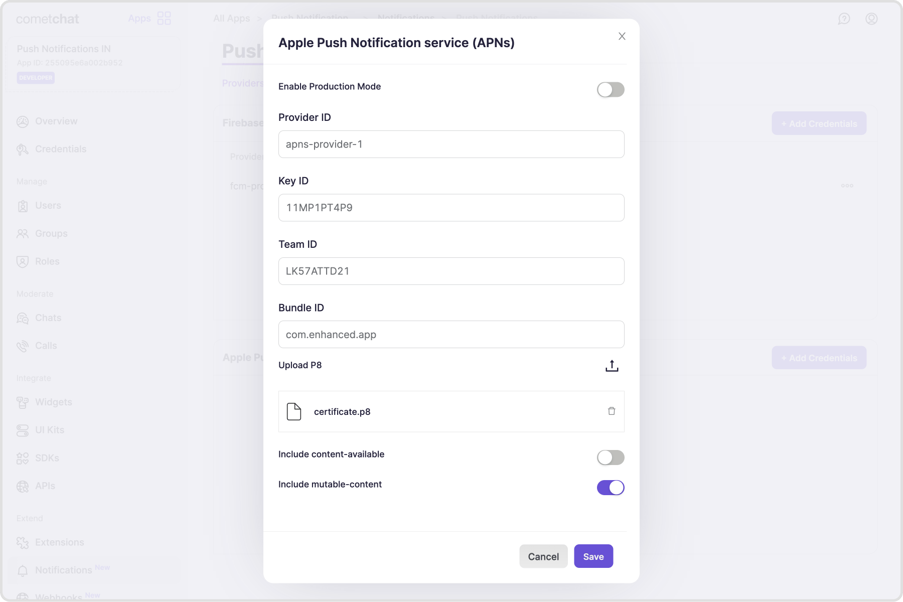 Upload APNs credentials