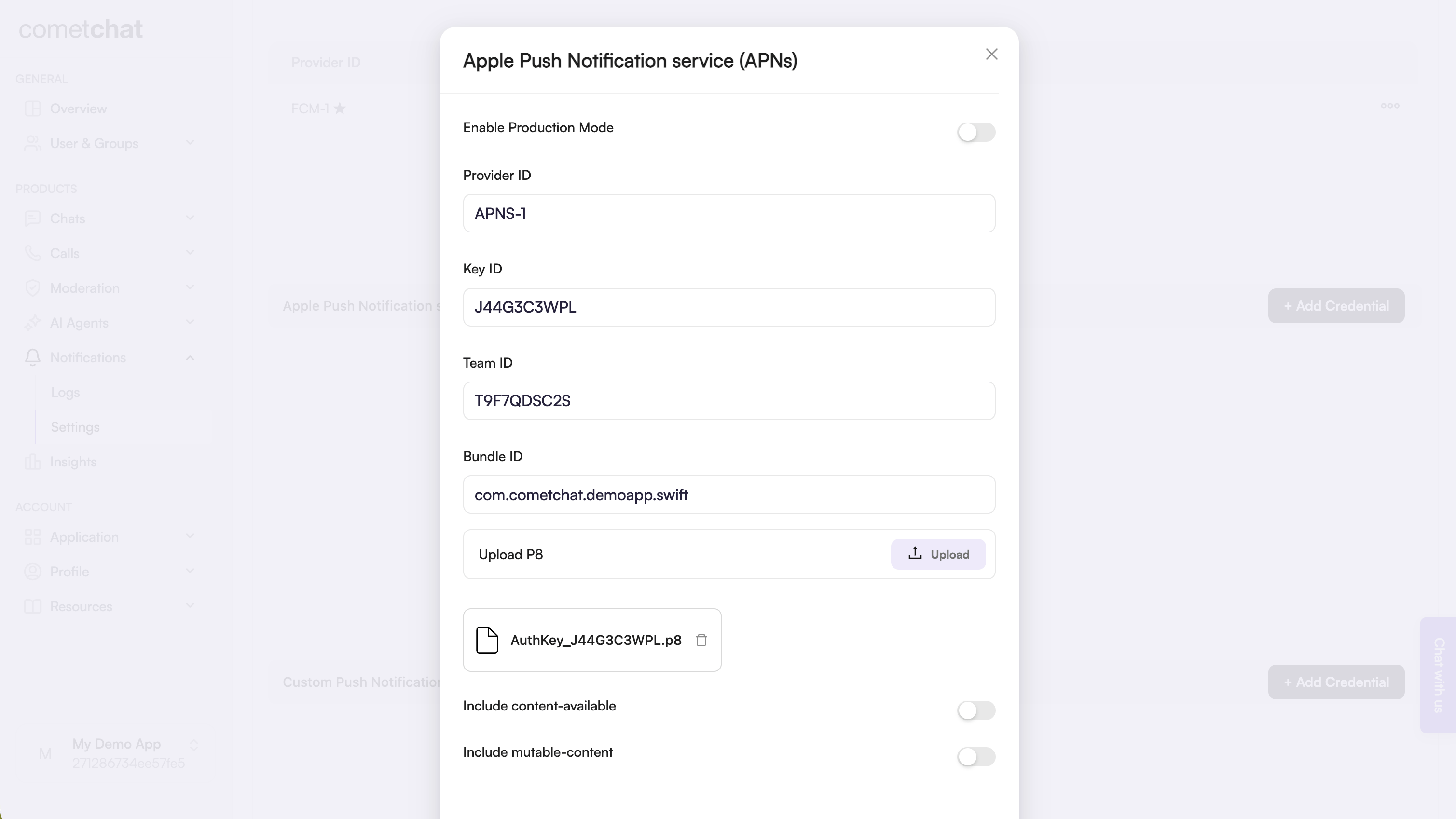 Upload APNs credentials