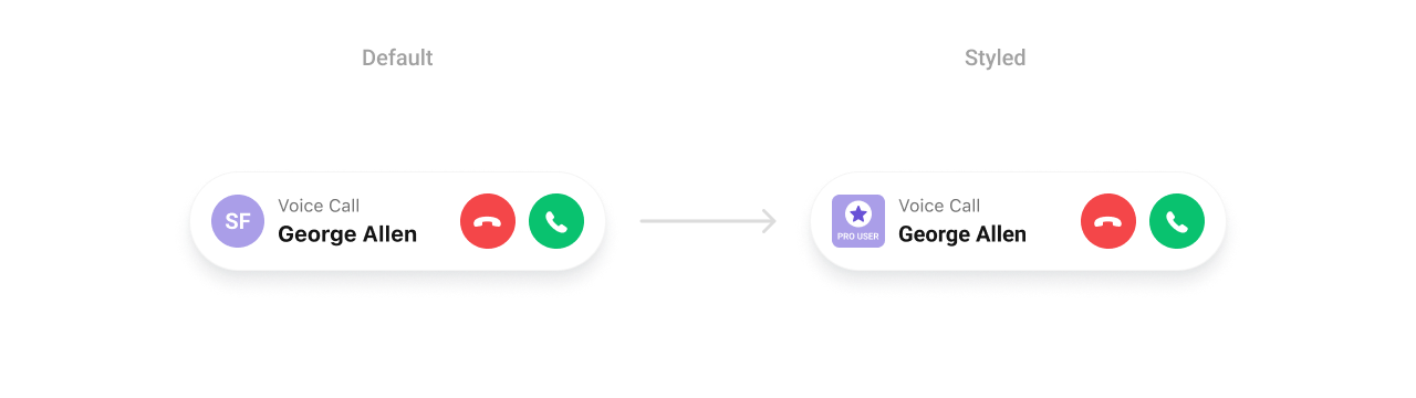 CometChatIncomingCall with custom leading view showing PRO USER badge with star icon