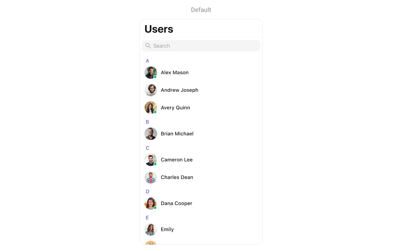 CometChatUsers showing a searchable list of users with avatars, names, and online/offline status indicators