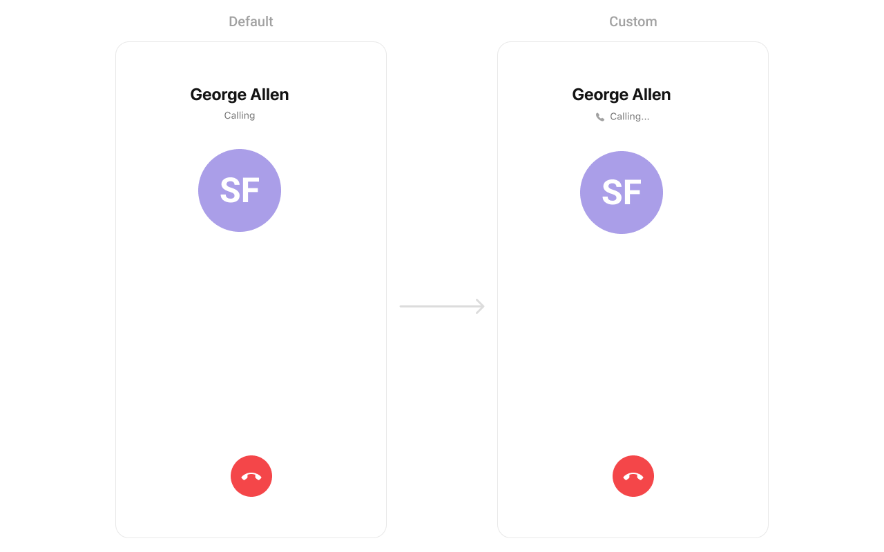 CometChatOutgoingCall with custom subtitle view showing phone icon and Calling status text