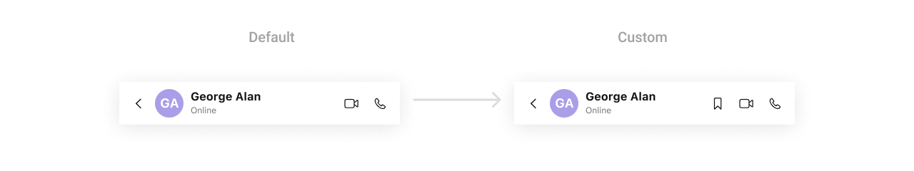 CometChatMessageHeader with custom trailView showing video call, voice call, and bookmark buttons
