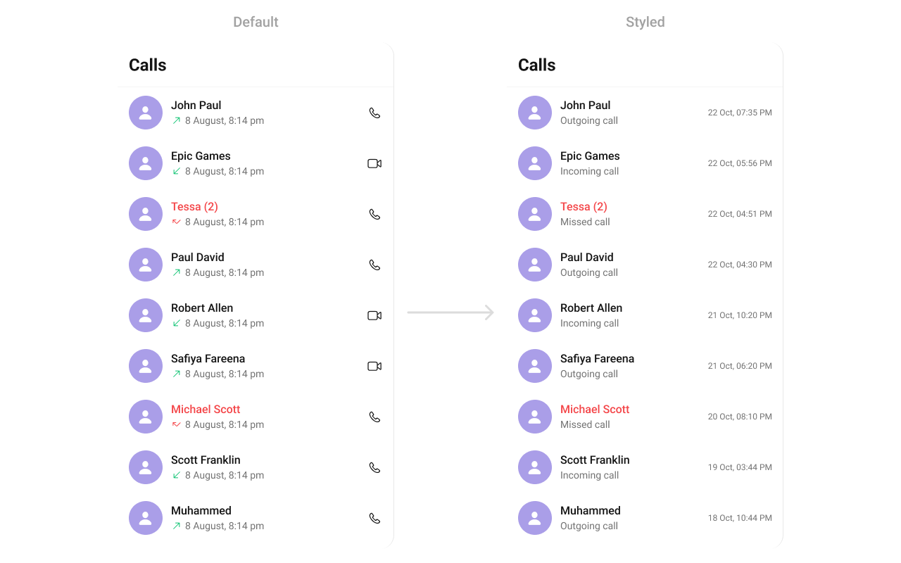 CometChatCallLogs with custom trail view showing call timestamp on the right side