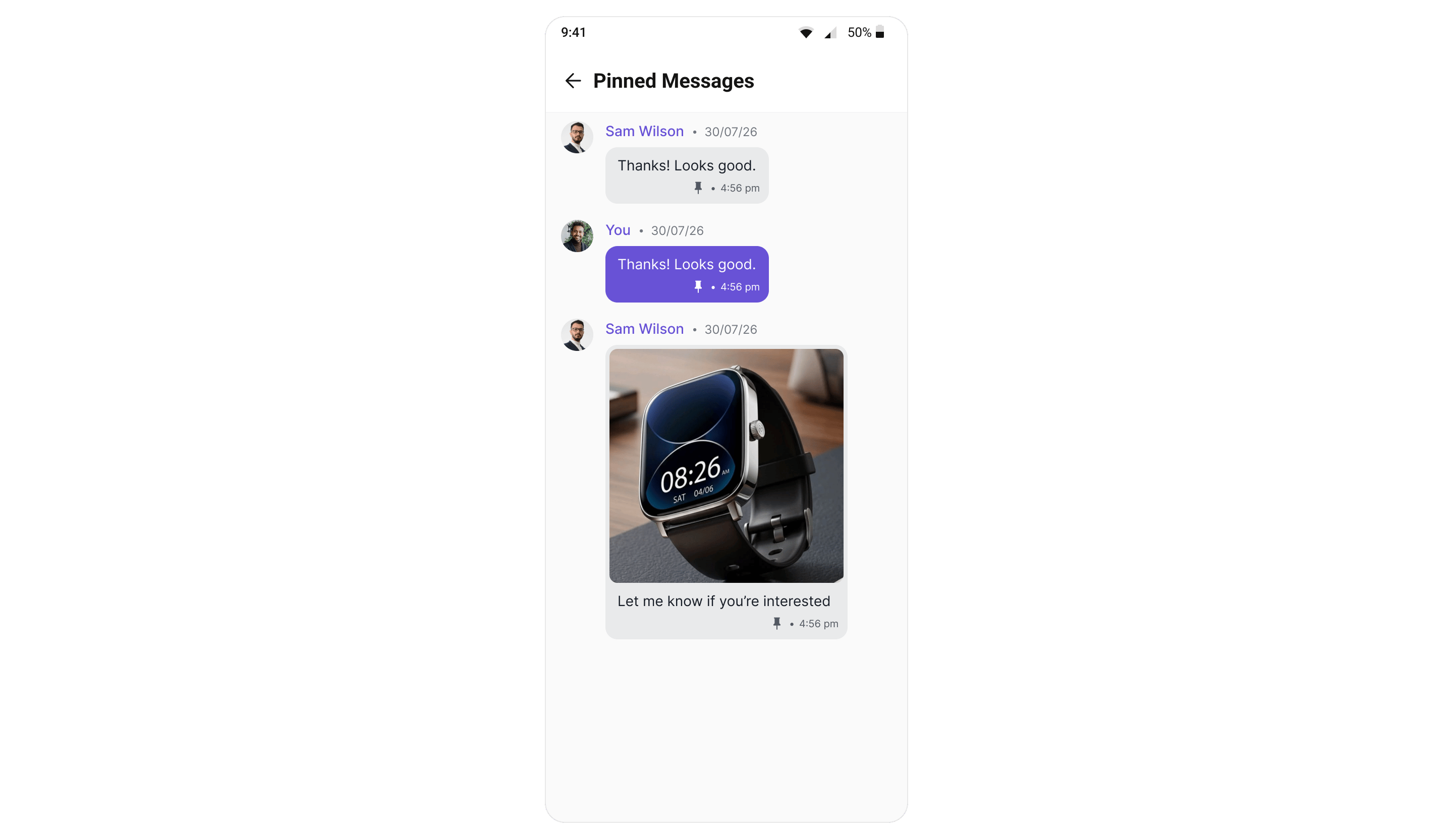 The Pinned Messages screen listing one conversation's pinned messages as full bubbles, each with a pin glyph beside its timestamp.
