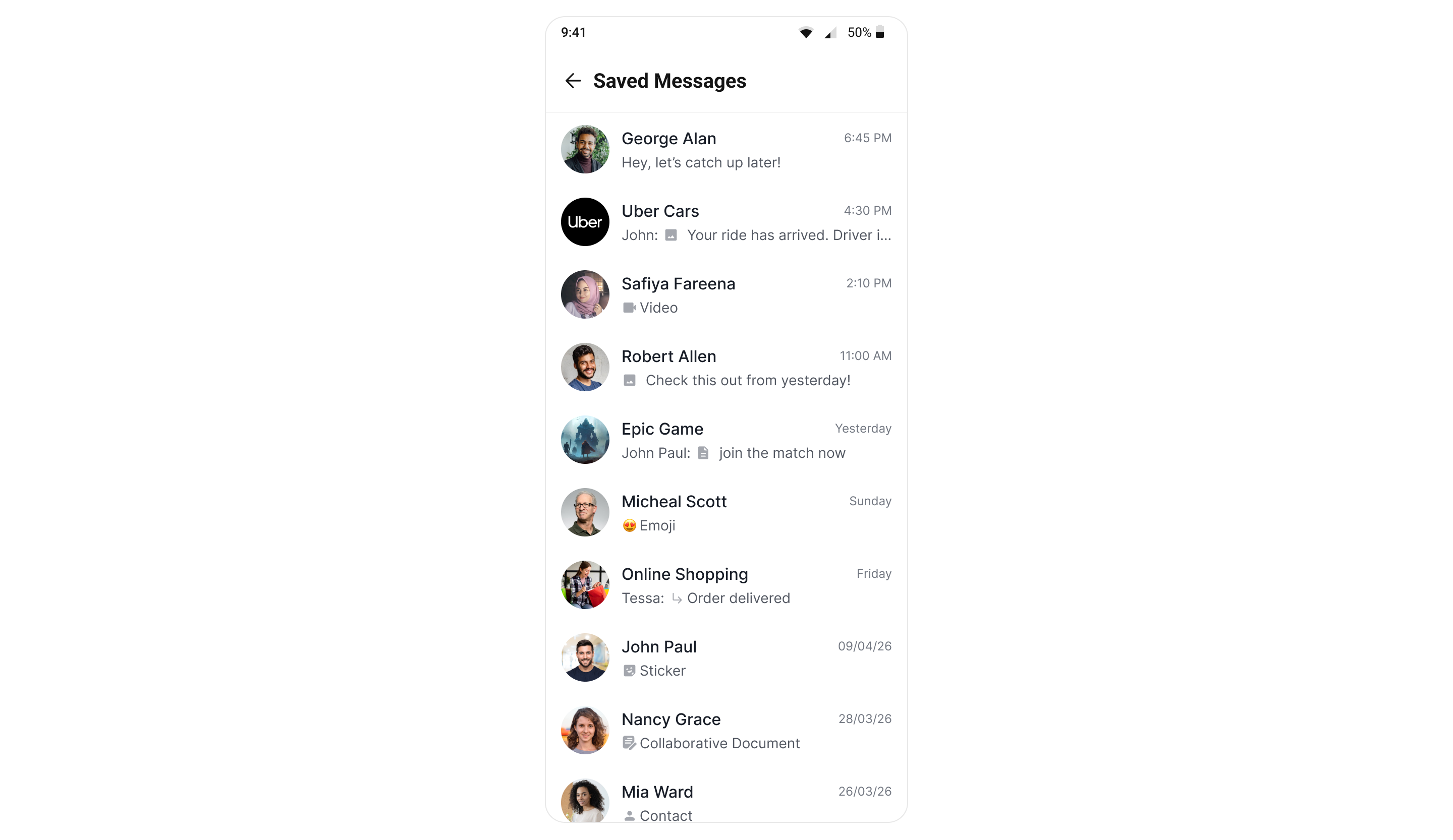 The Saved Messages screen listing saved messages from across every conversation, each row showing its source conversation and a one-line preview.