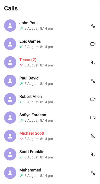 CometChatCallLogs showing a list of call history with caller names, call types, and timestamps