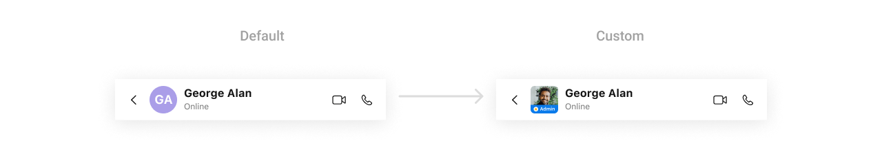 CometChatMessageHeader with custom leadingView showing avatar with Admin badge overlay