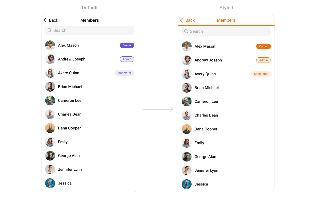 CometChatGroupMembers with custom styling showing modified background color, title appearance, and list item styling