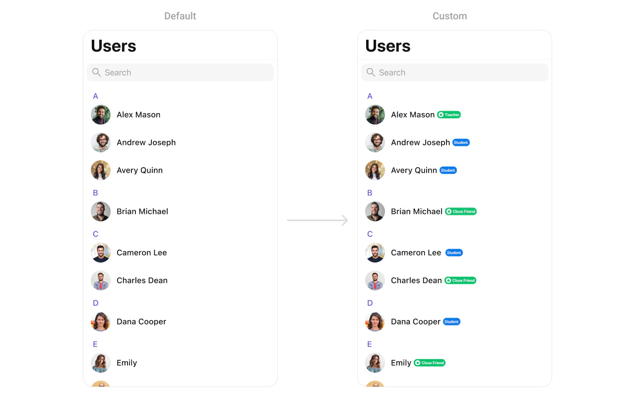 CometChatUsers with custom titleView showing user names with a green Teacher badge