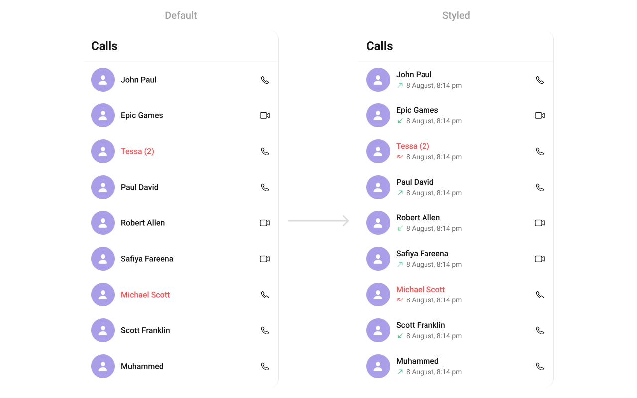 CometChatCallLogs with custom subtitle view showing call initiation timestamp