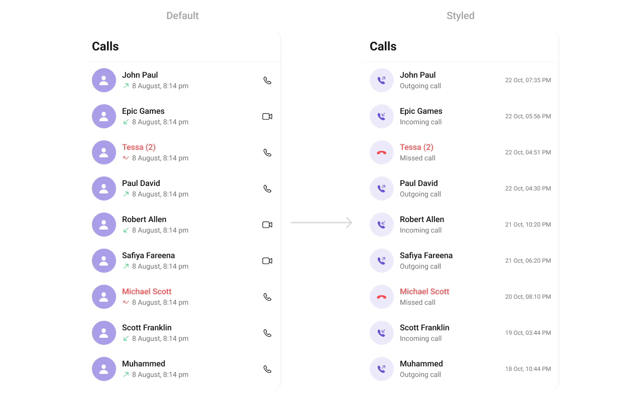 CometChatCallLogs with custom list item view showing call icon, caller name, subtitle, and date