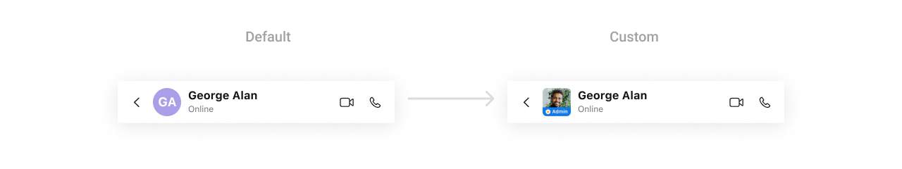CometChatMessageHeader with custom leadingView showing avatar with Admin badge overlay