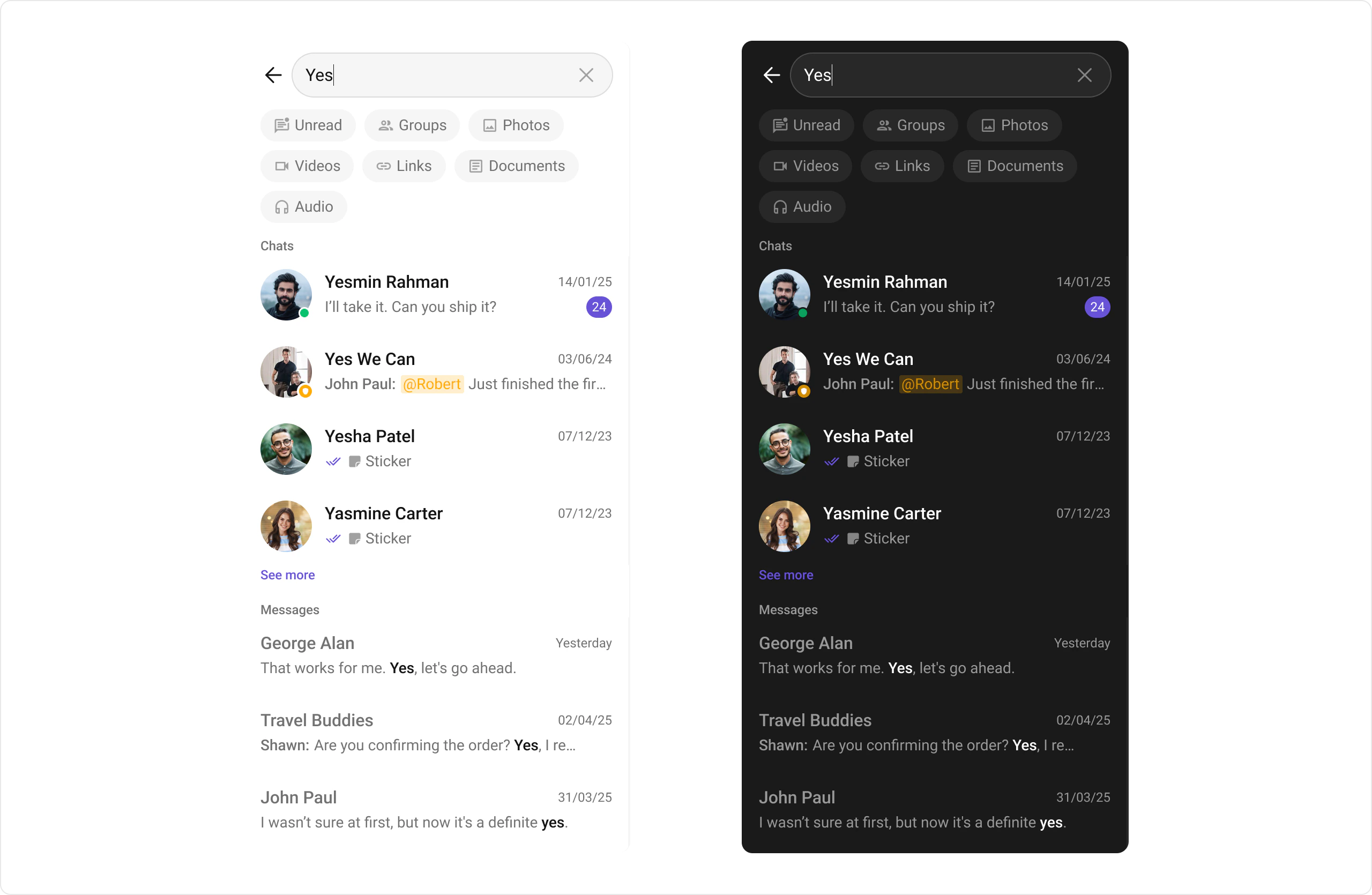 CometChatSearch showing the search interface with search bar, filter options, and search results displaying conversations and messages