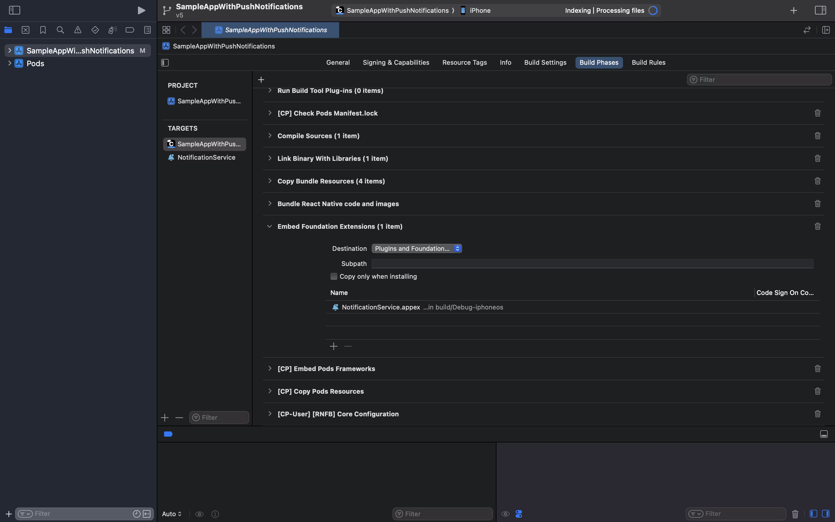 Xcode Build Phases showing Embed Foundation Extensions with NotificationService.appex