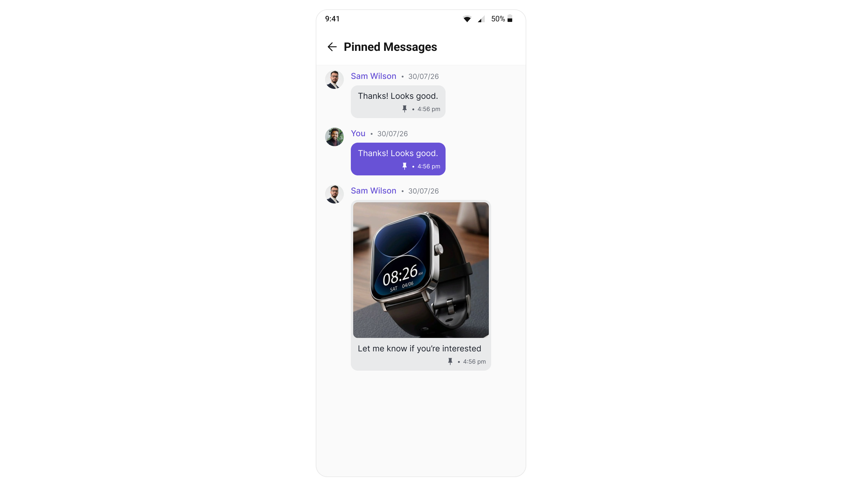 The Pinned Messages screen listing one conversation's pinned messages as full bubbles, each with a pin glyph beside its timestamp.
