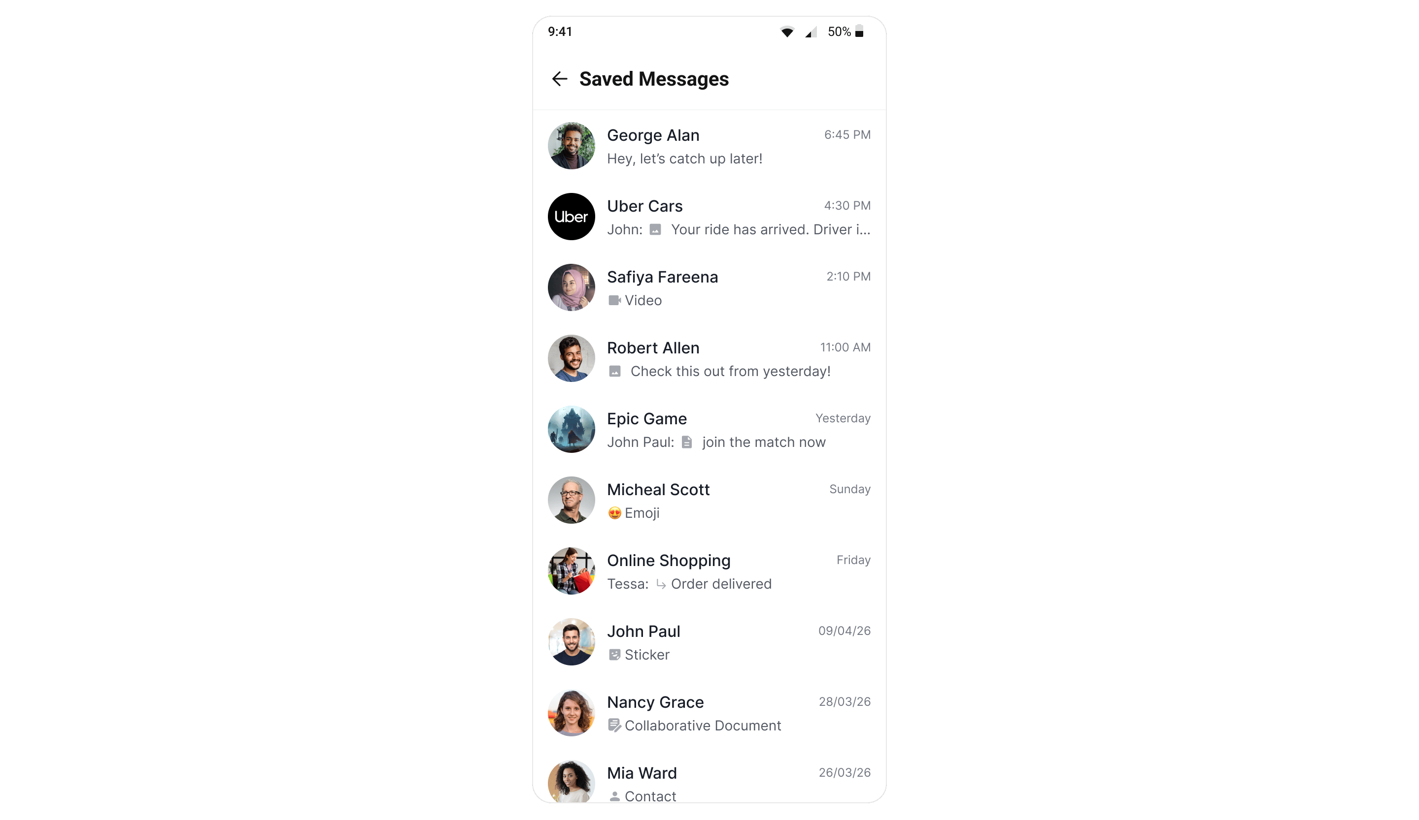 The Saved Messages screen listing saved messages from across every conversation, each row showing its source conversation and a one-line preview.