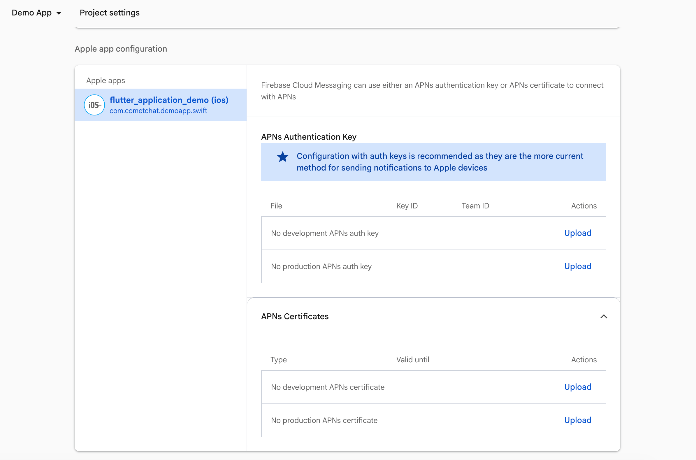 Upload APNs Certificates in Firebase Console