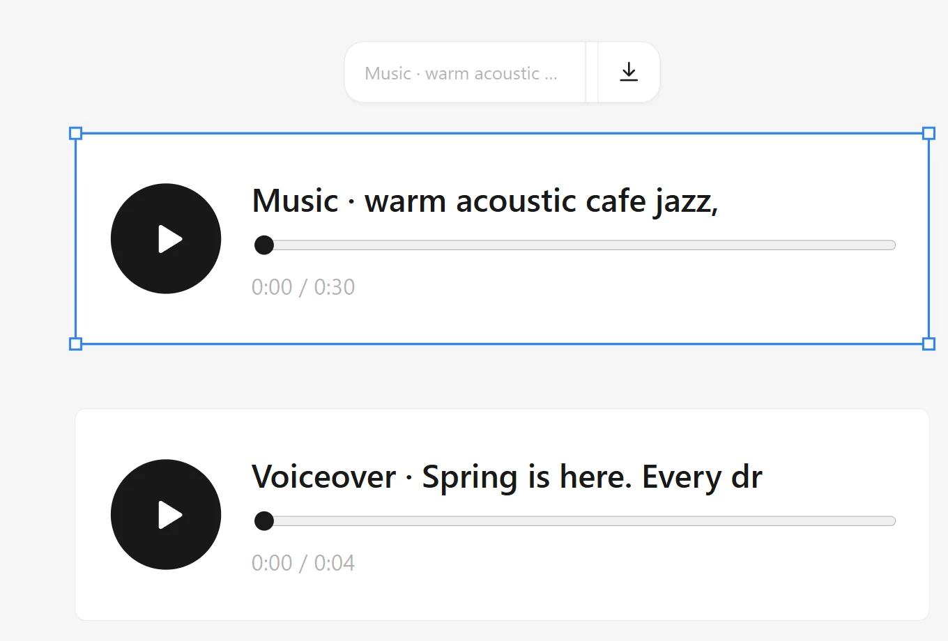 Music and voiceover cards on the canvas