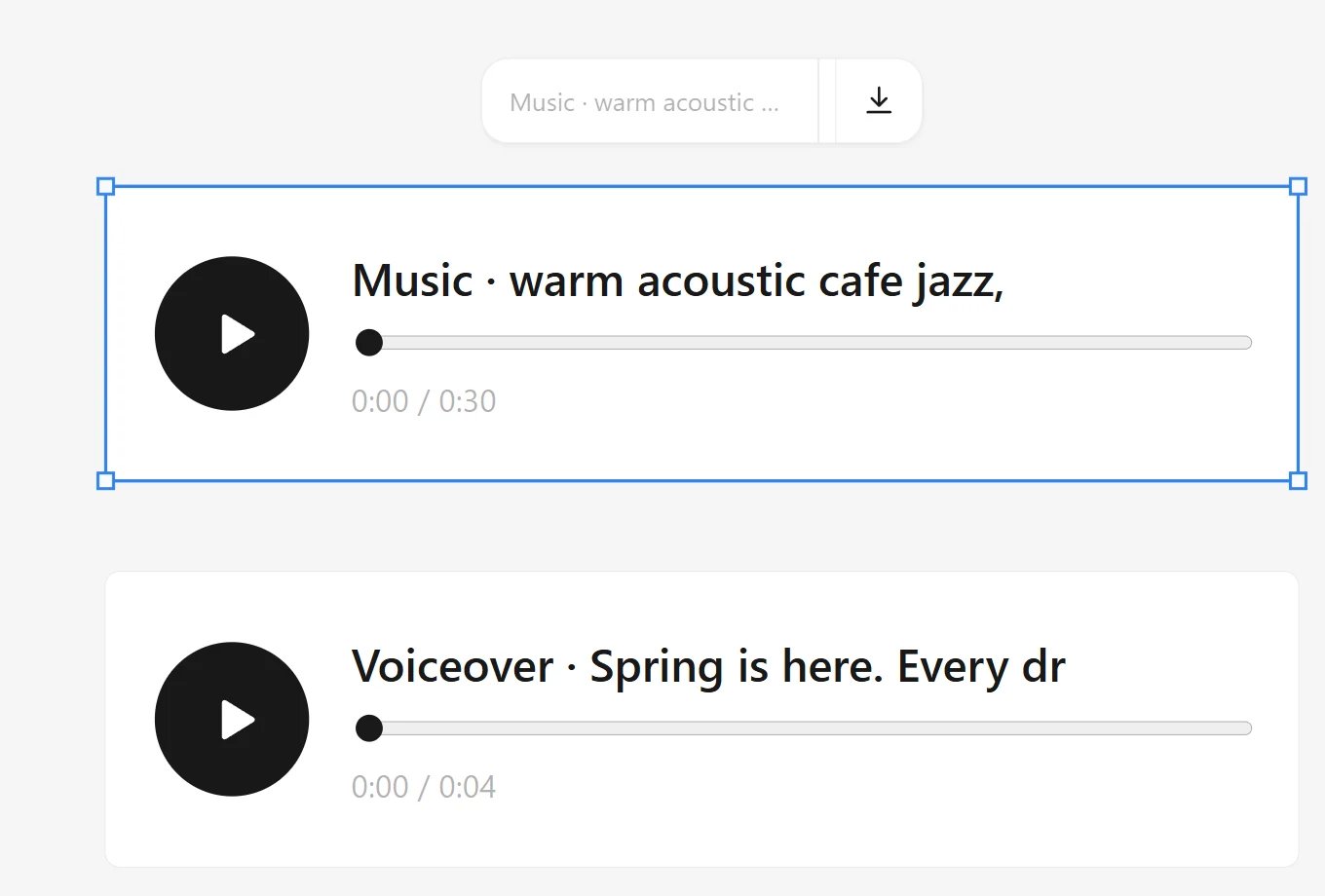 Music and voiceover cards on the canvas