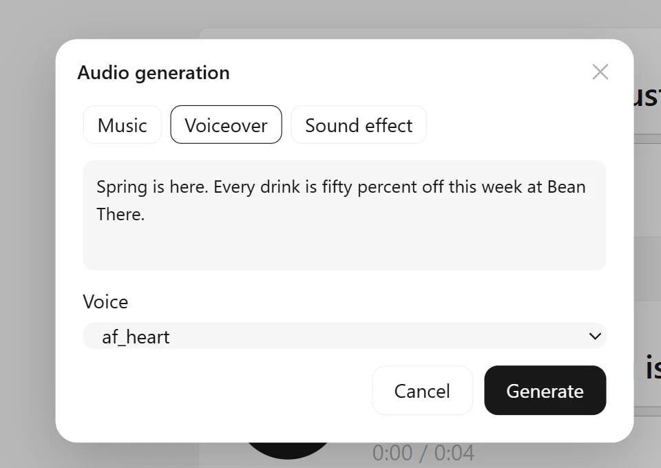 Audio generation dialog on the Voiceover tab