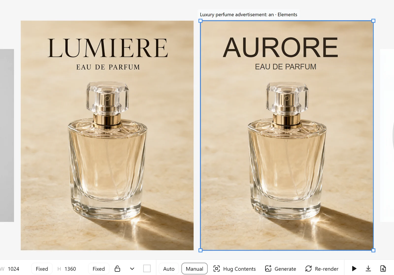 Original perfume ad next to its rebuilt artboard with the brand name changed